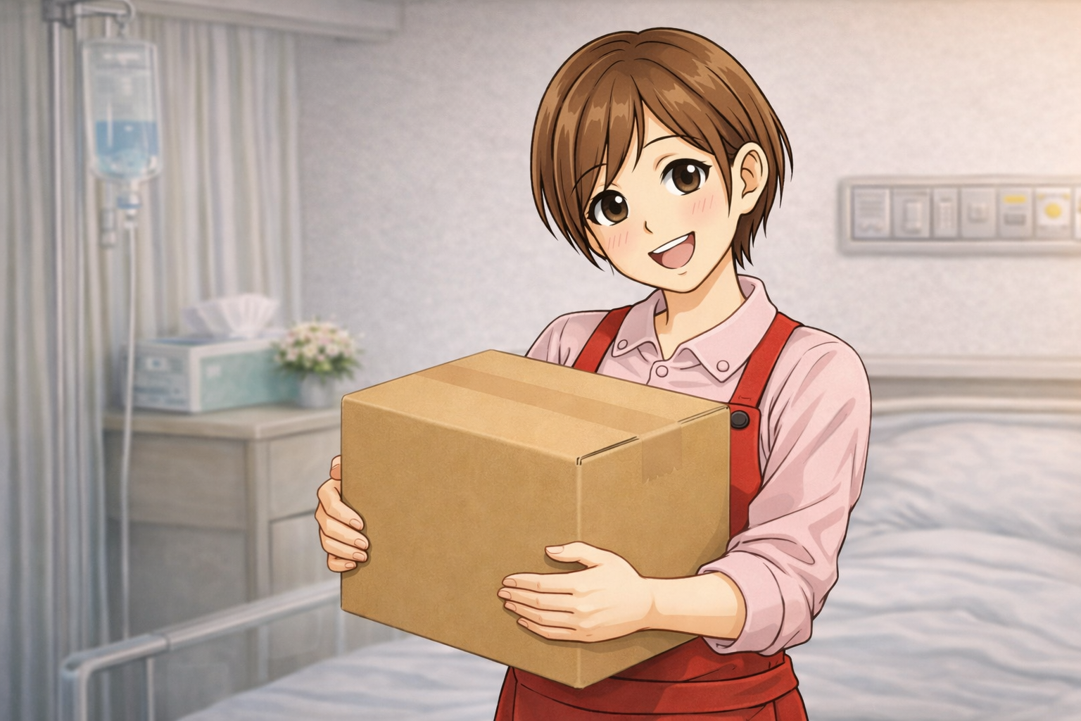 オーラルエイド６０本入りの段ボールを抱えて説明しているイメージ画像｜CVhat GPTで作成。