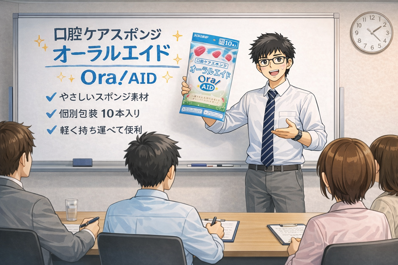 オーラルエイドの紹介-口腔ケア用品w説明しているイメージ画像｜Chat gptで作成。